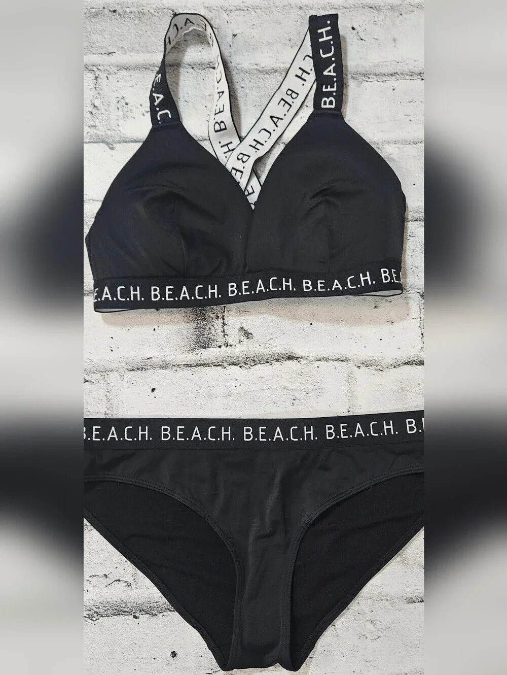 H&M Black Bikini Set Size M Cross Back Logo Strap Two Piece Swimsuit NWOT
